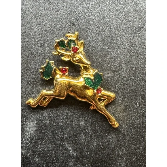 Vintage Gold Tone Reindeer Brooch Red Rhinestone Green Enamel Christmas Avon Pin - Picture 7 of 9